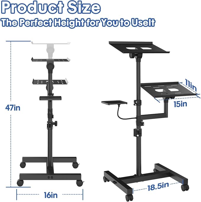 Projector Stand, 2 Shelves Mobile Laptop Cart with Adjustable 47" Height | top tray tilts 30°,4 quiet casters with 2 locks,sturdy H-beam steel frame,mouse tray included,for home,outdoor - Image 4