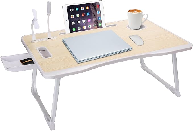 Laptop Bed Table, Laptop Desk for Bed, Foldable Laptop Bed Desk with USB Charge Port, Handle, Desktop Card Slot, Cup Slot, Side Drawer, Laptop Table Portable Notebook Stand for Eating Reading Working by CSYY