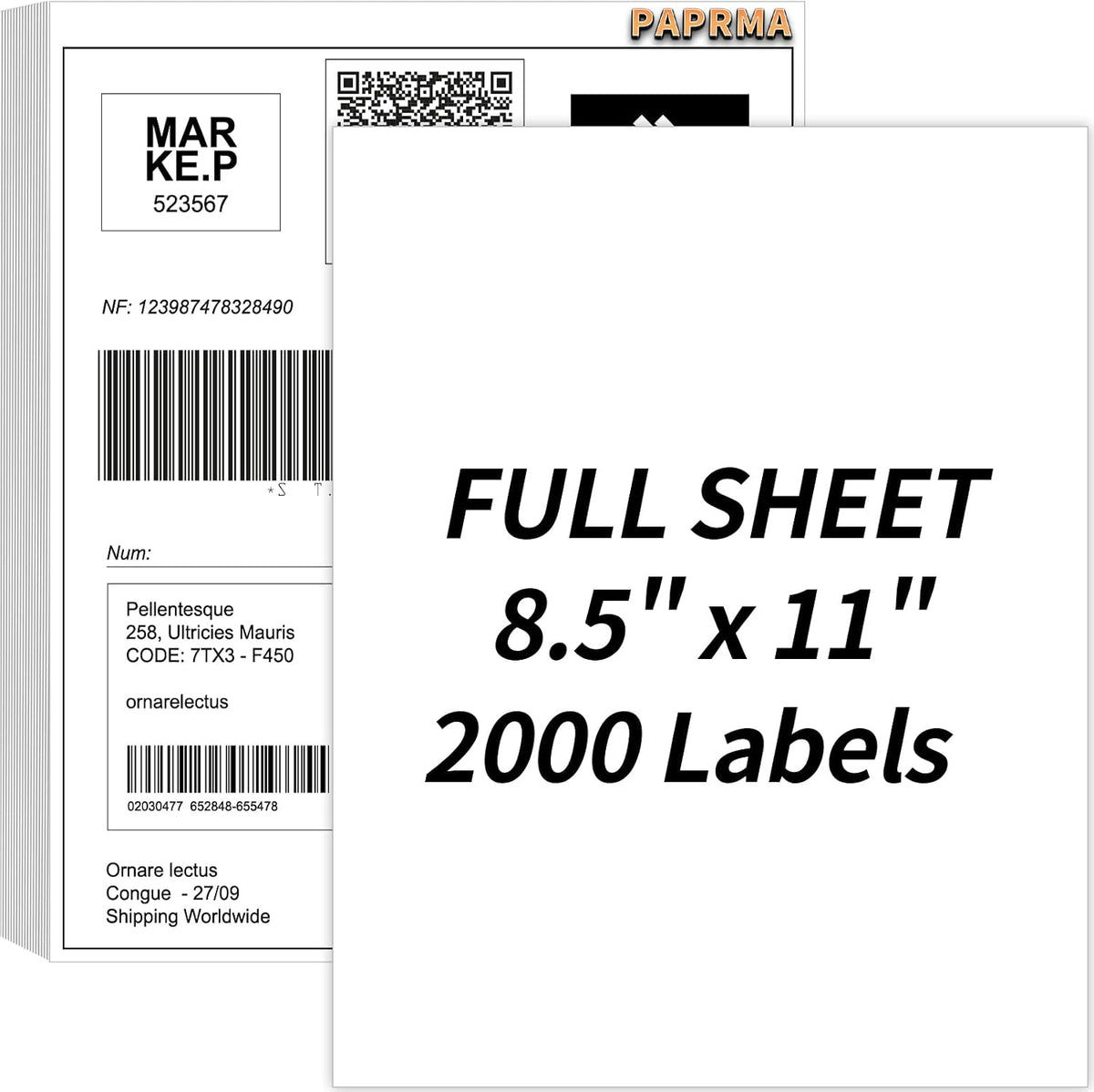 Full Sheet Labels 8.5” x 11” Sticker Paper Matte White, Large Shipping Label Paper for Inkjet Laser Printer, 2000 Counts by PAPRMA
