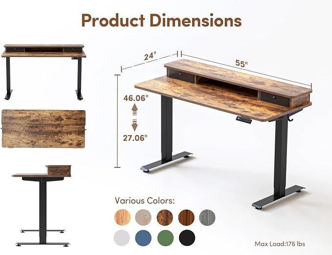 BANTI 55x24 Inch Electric Standing Desk with Dual Drawers, Height Adjustable Stand Up Table, Sit Stand Home Office Desk with Storage Shelf, Black Frame/Rustic Brown Top - Image 3
