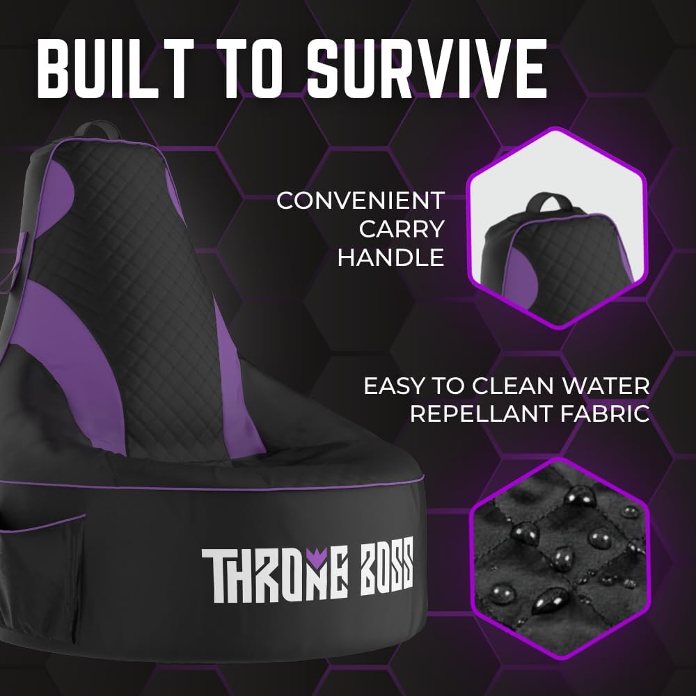 Gaming Bean Bag Chair Cover for Adults, High Back, Large Pockets, Purple - Image 6