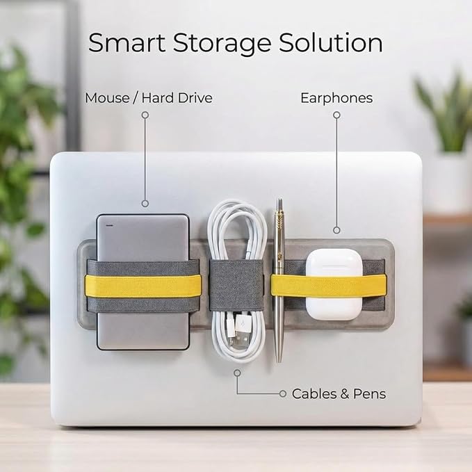 3-Pocket Adhesive Hard Drive Holder for Laptop, Mouse Holder for Laptop, SSD, USB Drive, Mouse, Cables (Yellow) - Image 5