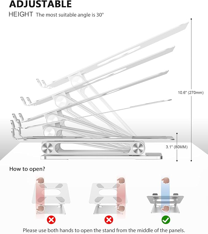 BoYata Laptop Stand, Adjustable Multi-Angle Riser, Up to 17 Inches, Silver | Sturdy Alloy Steel, Heat-Vent Design and Silicone Pads Support Laptops up to 17 Inches, Including MacBook and Surface - Image 3