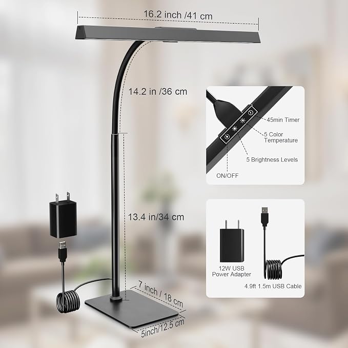 Kary 12W LED Desk Lamp for Home Office, Flexible Gooseneck Task Light Tall | Eye-Caring, Touch Control, 5 Dimmable Color & Brightness, Metal Base, 45 Min Timer, Memory Function, USB Adapter - Image 9