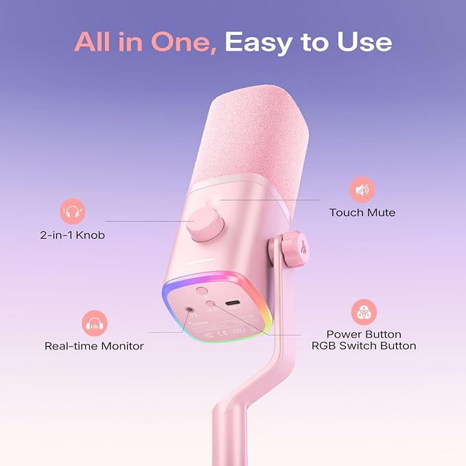 MAONO PD100W Wireless Dynamic Gaming Microphone for PC with USB-C Receiver | One-Click Noise Reduction,Custom RGB,Mute,Monitoring, Companion App,Boom Mic Set for Game Streaming Discord Podcasting, Pink - Image 7