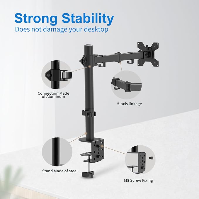 H&C(hcck&Cllassp) Single Monitor Mount, Desk Mount with Swivel, Tilt, Rotation, Height Adjustable, VESA Mount for 17-27” Monitors up to 17.6 lbs, Monitor Stand with C-Clamp, Black - Image 5