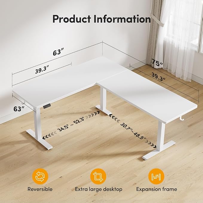 Cubiker 75 * 63" L Shaped Standing Desk, Reversible Corner Standing Desk, Suitable for Home Office, White - Image 2