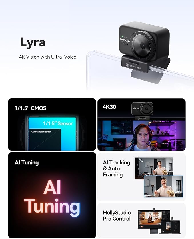 Hollyland Lyra Webcam UHD 4K Webcam for PC, 1/1.5" Sensor, Auto Framing, PDAF, Control for Live Streaming, Video Calls, Gaming, Works with Zoom, Teams, Twitch & More | 1 1.5' Sensor, Auto Framing, Works with Zoom, Control for Live Streaming, Video Calls - Image 2