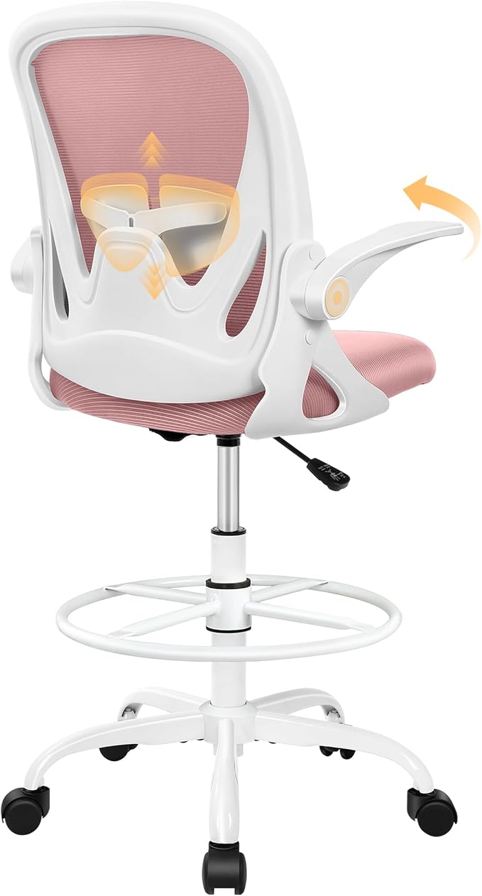 Drafting Chair Tall Office Chair with Flip-up Armrests Executive Ergonomic Computer Standing Desk Chair with Lumbar Support and Adjustable Footrest Ring (Rose Quartz) by Primy