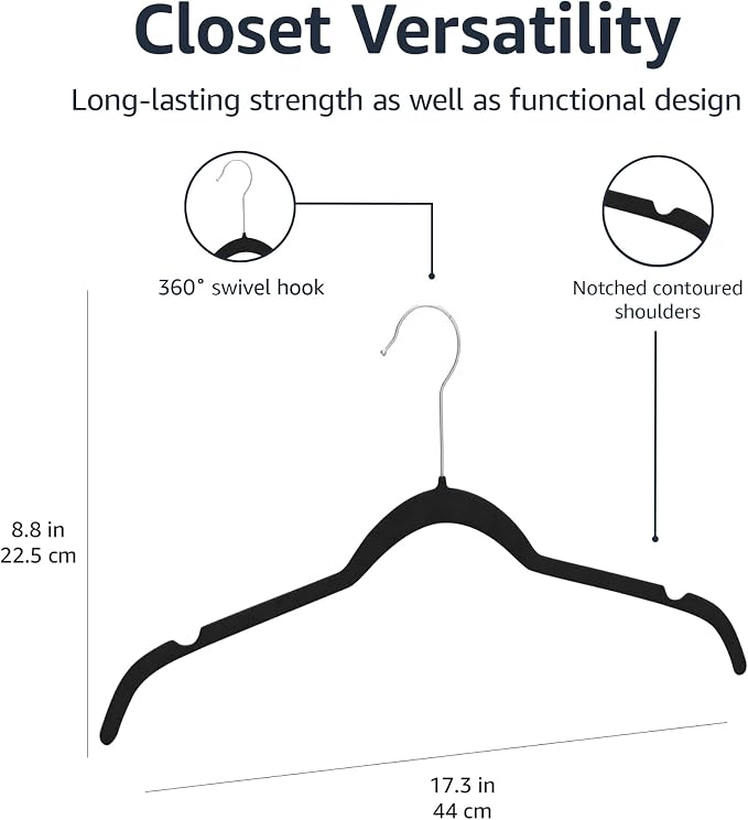 Amazon Basics Space-Saving Slim Velvet Non-Slip Clothes Hangers for Closet Organization with Shoulder Notches, Black/Silver, 30-Pack - Image 4