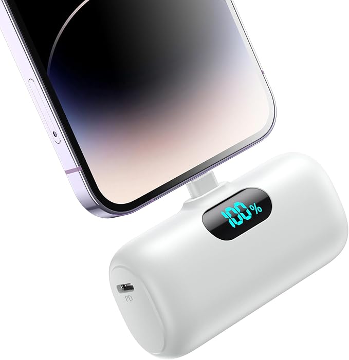 Mini Portable Charger for iPhone,Upgraded 5000mAh PD Fast Charging Battery Pack,LCD Display Cute Power Bank Portable Phone Charger for iPhone 14/14 Pro Max/13/13 Pro/12 Pro/11/XS/XR/X/8/7/6-White by HETP