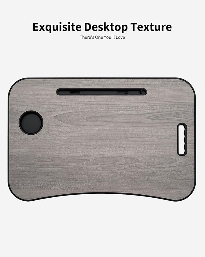 Foldable Lap Desk, Laptop Bed Desk, Portable Lap Table, Laptop Bed Table with Cup Holder & Tablet Slot & Lifting Handle for Working Writing Drawing & Eating - Gray Wood - Image 6