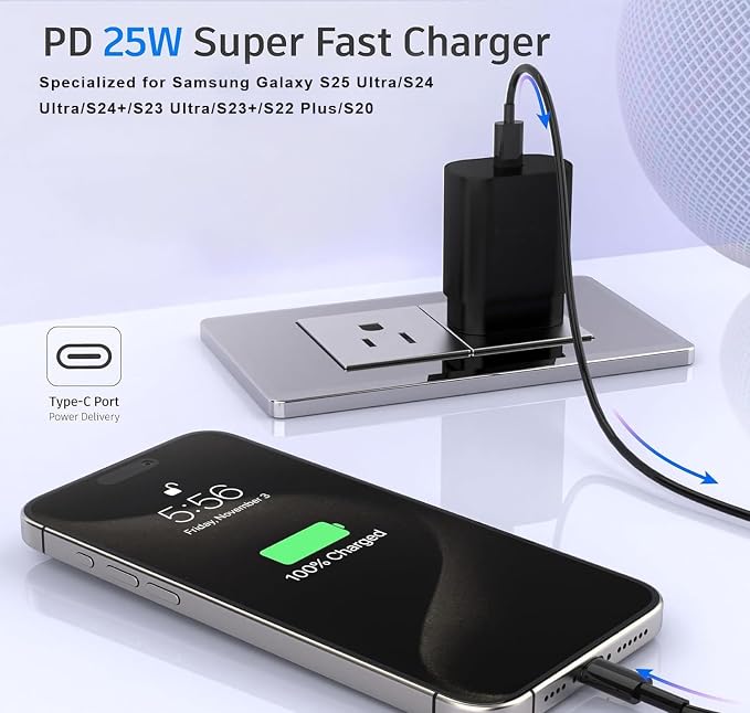 Type C Charger, 25W Type C Fast Charging Block, with USB C Charger Cable Compatible Galaxy S24/S23/S22/S22 Ultra/ S21/S21 Ultra/S20/ S20 Plus/ S20 Ultra/ S10/ S10e/ S10 Plus - Image 6