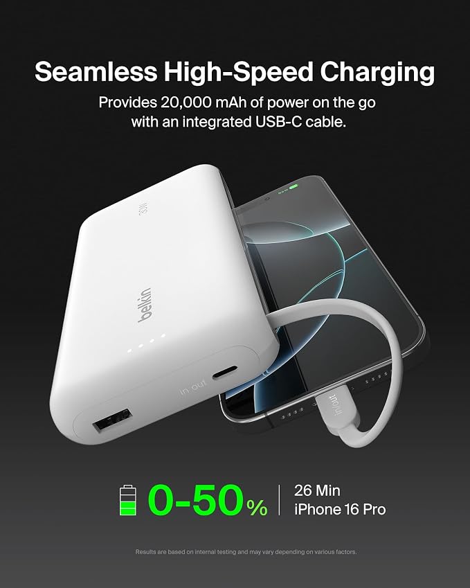 Belkin 20000mAh 30W USB C Power Bank, Portable Charger for iPhone & iPad | Fast Charging, Integrated USB C Cable, Eatra USB C Port, iPhone 17, iPad, Samsung Galaxy S26, Charge 2 Devices - Image 5