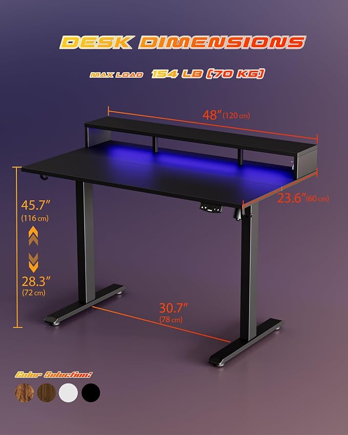 Agilestic 48 * 24 Inch Electric Standing Desk with Shelf & Led, Black | Electric Height Adjustable, Outlets&Led, Monitor Stand, Sturdy Steel Frame, Memory Presets, Hooks, 154 lbs, Splice Board - Image 3