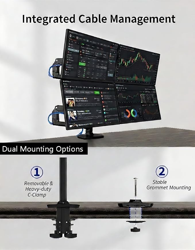 Heavy Duty Quad Monitor Mount, 4 Monitor Arm for 13-40 Inch Screens, Black | Premium aluminum mechanical spring 25 lbs/arm, full motion tilt/swivel/rotate, VESA 75/100, C-clamp & grommet, cable channels - Image 6