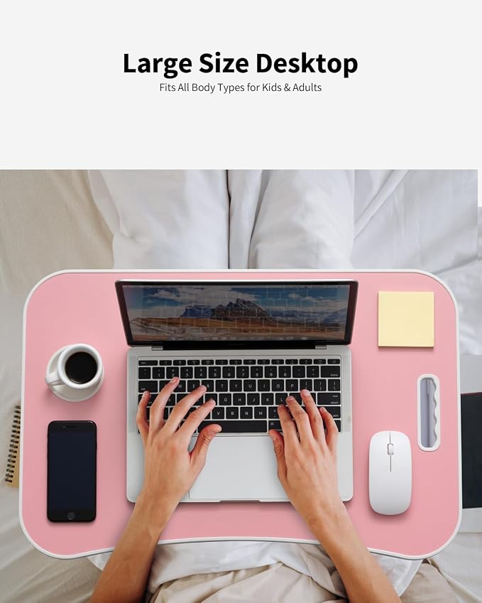 Foldable Lap Desk, Laptop Bed Desk, Portable Lap Table, Laptop Bed Table with Cup Holder & Tablet Slot & Lifting Handle for Working Writing Drawing & Eating - Pink - Image 3
