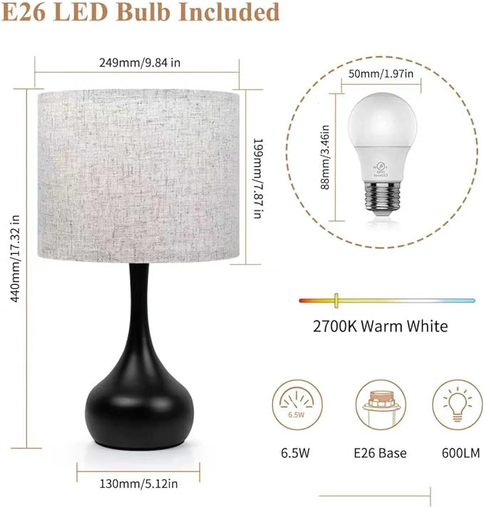 ONEWISH Touch Bedside Lamp for Bedroom, 3-Way Dimmable Table Lamps for Nightstand with Cylindrical Fabric Shade, Desk Lamp for Living Room, End Tables, Home Office - Image 7