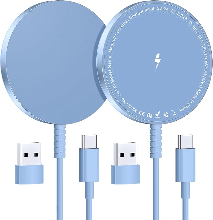 MagSafe Charger 2 Pack: Magnetic Wireless Charge iPhone 17-12 & AirPods | Strong Magnet Charging Pad, with Dual USB C to A Converters, Ultra-Thin & Portable, Ideal for Home Office & Travel, White by WirelessCharger