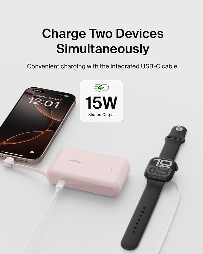 Belkin 10000mAh 20W USB C Power Bank, Portable Charger for iPhone & iPad | Fast Charging, Integrated USB C Cable, Eatra USB C Port, iPhone 17, iPad, Samsung Galaxy S26, Charge 2 Devices - Image 7