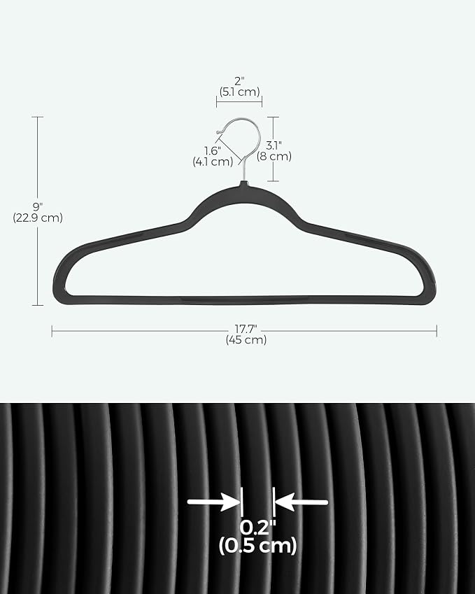 SONGMICS Plastic Clothes Hangers, Pack of 50, Space-Saving | 0.2 Inches Thick, 17.7 Inches Wide, 360° Swivel Hook, Black, BREANNA Collection UCRP50B - Image 6