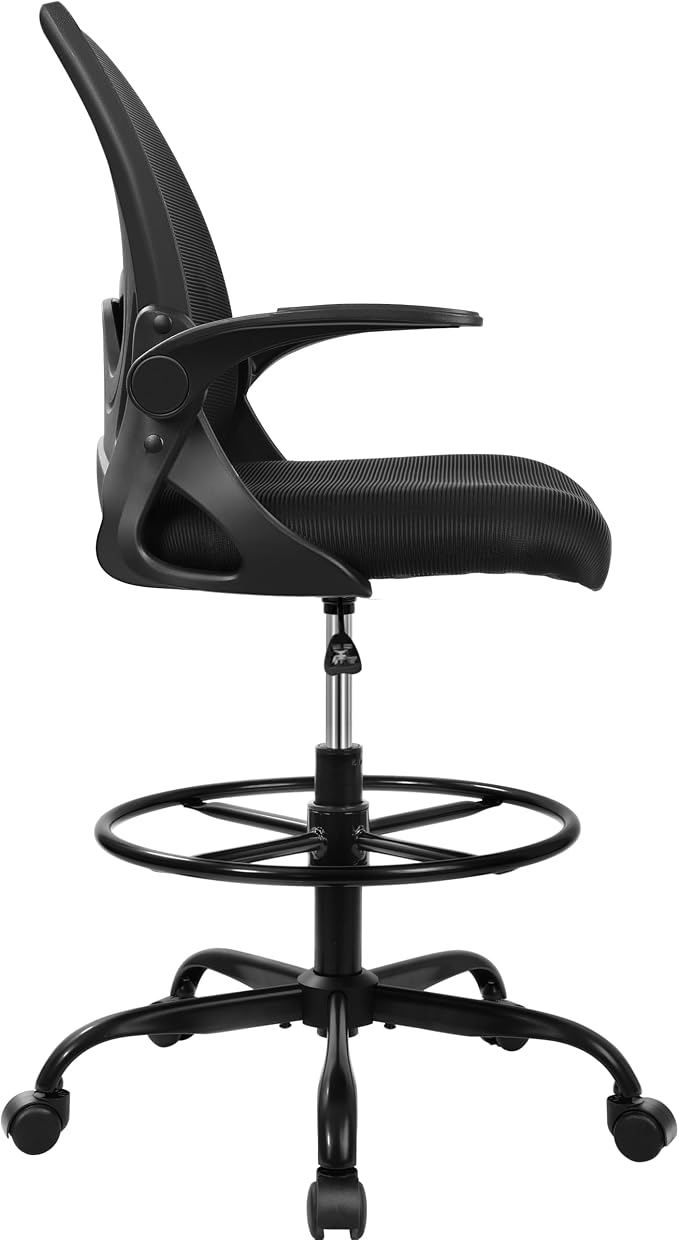 Drafting Chair Tall Office Chair with Flip-up Armrests Executive Ergonomic Computer Standing Desk Chair with Lumbar Support and Adjustable Footrest Ring (Black) - Image 5