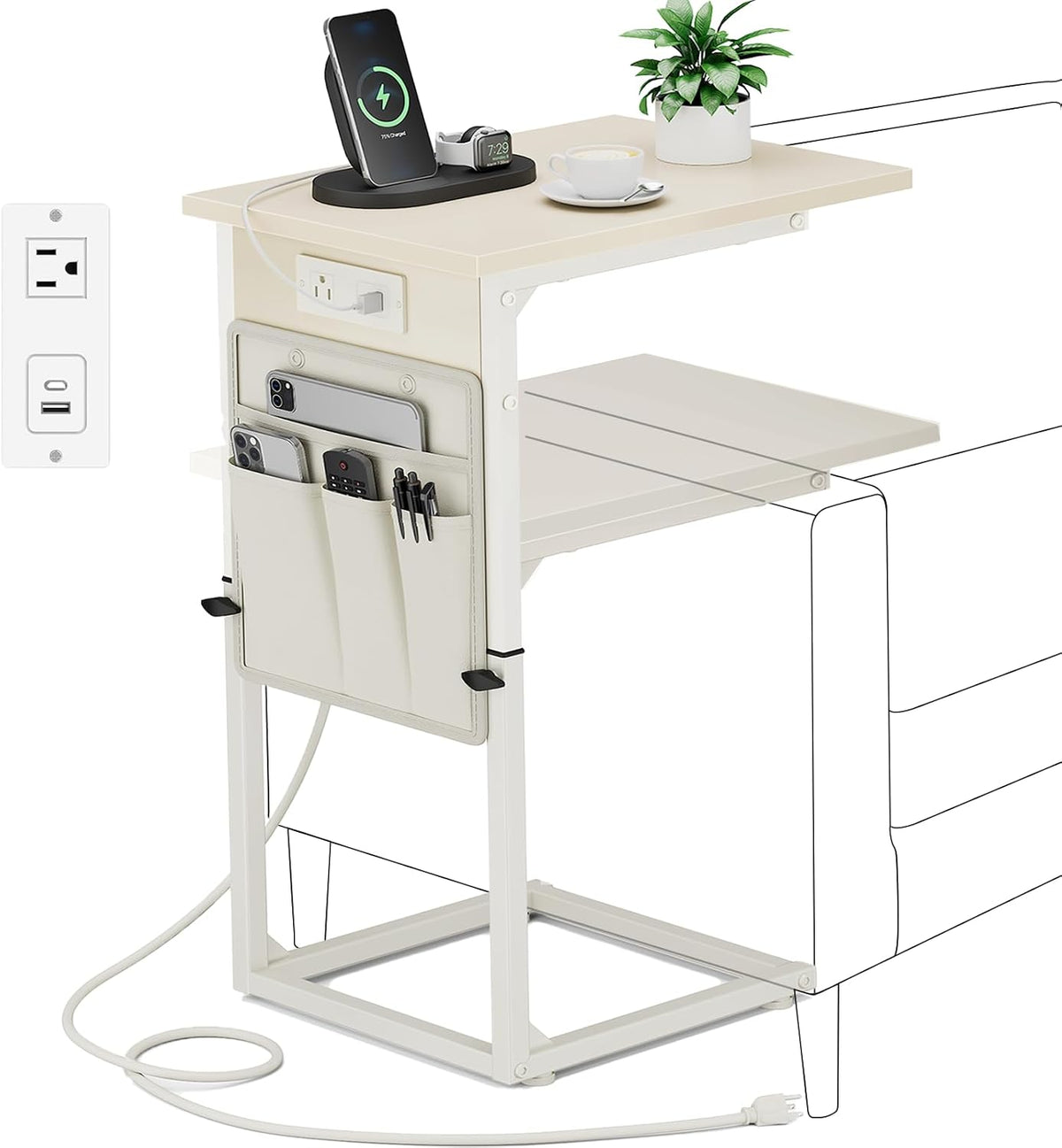 C Shaped End Table with Charging Station, Adjustable Height Side Table for Couch, Small Sofa Table C Table End Table, Slide Under Couch Table TV Tray Arm Table for Living Room, Bedroom, Cream by Vagusicc
