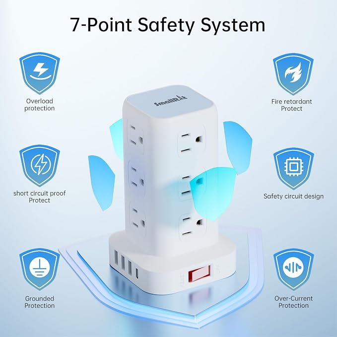 Power Strip with 12 Outlets 4 USB (1 USB C), 6.5Feet Extension Cord with Multiple Outlets, Charging Station, Power Strip Tower, Home Office Desk Supplies - Image 3