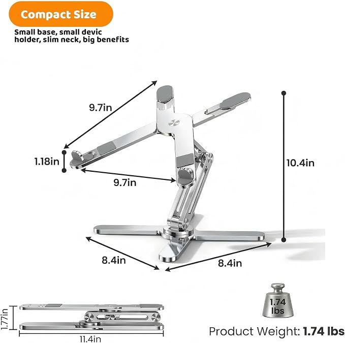 N86 360 Rotating Laptop Stand for Desk with Locking Knobs, Silver | Aluminum Ergonomic Riser Adjustable Height & Angle for Collaborative Work. Foldable Portable Fits MacBook & Laptops up to 16" - Image 5