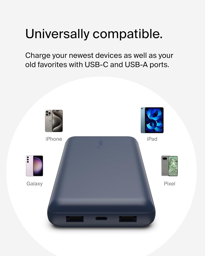 Belkin 20000mAh 15W 3 Port Power Bank, USB A to USB C Cable Included | Fast Charging, iPhone 17, Samsung Galaxy, Pixel, Airpods, iPad, Nintendo Switch 2, Battery Pack, USB C Port, USB A Port - Image 8