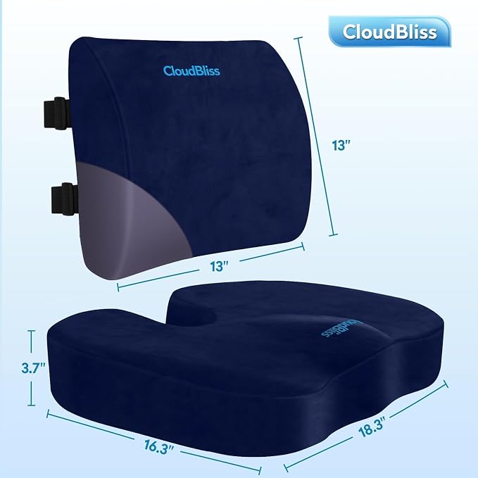 CloudBliss Ergonomic Seat Cushion & Lumbar Support Pillow Set, Blue, XL | Back Pain & Sciatica Relief, Memory Foam Support, Adjustable Straps, Machine Washable Velvet, Perfect for Office, Car, Gaming - Image 3