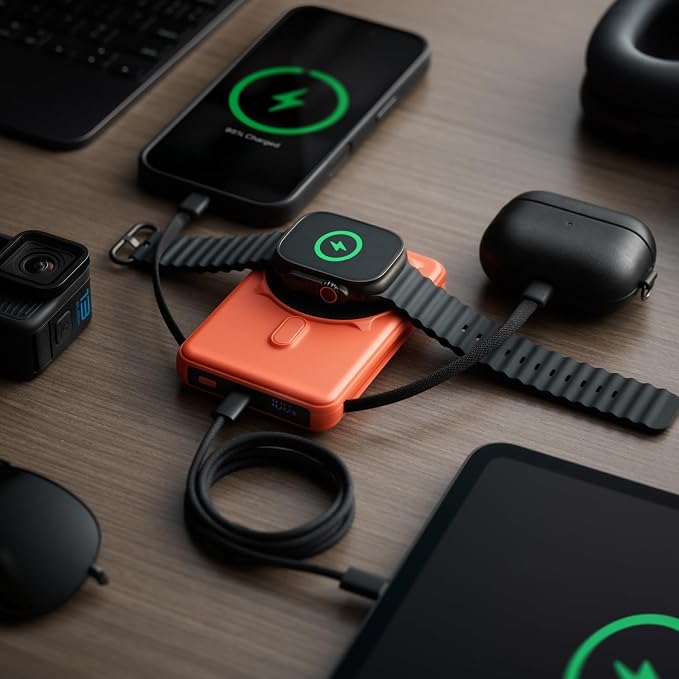 Ridge 20W Magnetic Power Bank Battery Pack 10,000mAh - Fast Charging, Compatible with MagSafe - Portable Charger Flight-Safe Travel Powerbank - Built-in Cables & Magnetic Attachment (Basecamp Orange) - Image 9