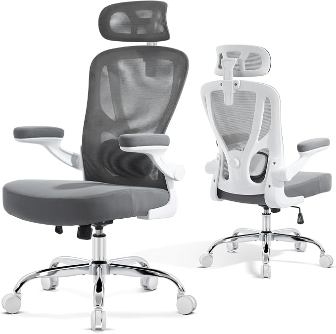 Ergonomic Office Chair, Mesh Office Desk Chair, Grey, 1 Pack | Lumbar Support, Head Support, Rocking Function, Flip-up Armrests, Mesh High Back, Suitable for Home, Office - Image 4