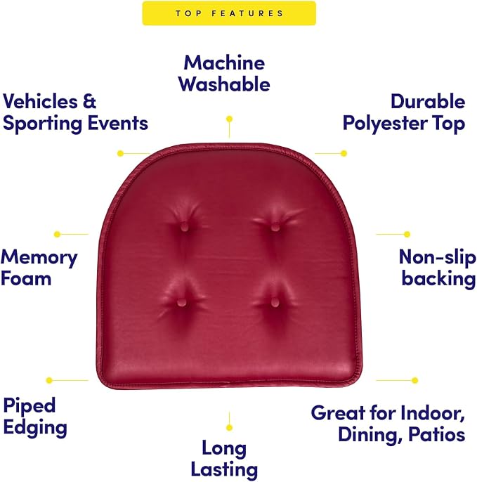 Sweet Home Collection Chair Cushion Memory Foam Pads Tufted Slip Non Skid Rubber Back U-Shaped 17" x 16" Seat Cover, 2 Count (Pack of 1), Faux Leather Burgundy Red - Image 5