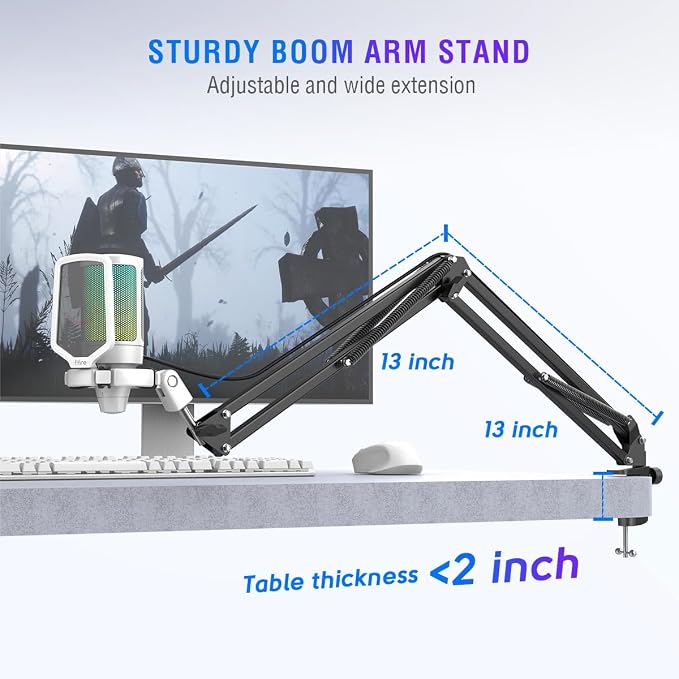 FIFINE A6TW Gaming USB Microphone Kit, RGB Condenser Mic for PC Streaming | Mute Button, Gain Knob, Cardioid pickup, Plug & Play for PS5/Mac/Windows, Boom Arm & Pop Filter, for Discord Twitch Podcasts - Image 6