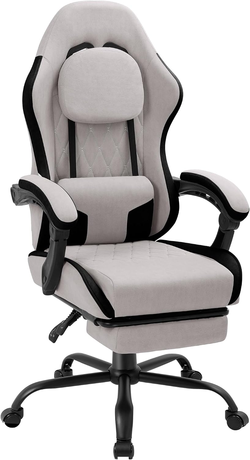Gaming Chair with Footrest, Ergonomic Fabric Desk Chair, Grey by Meilocar