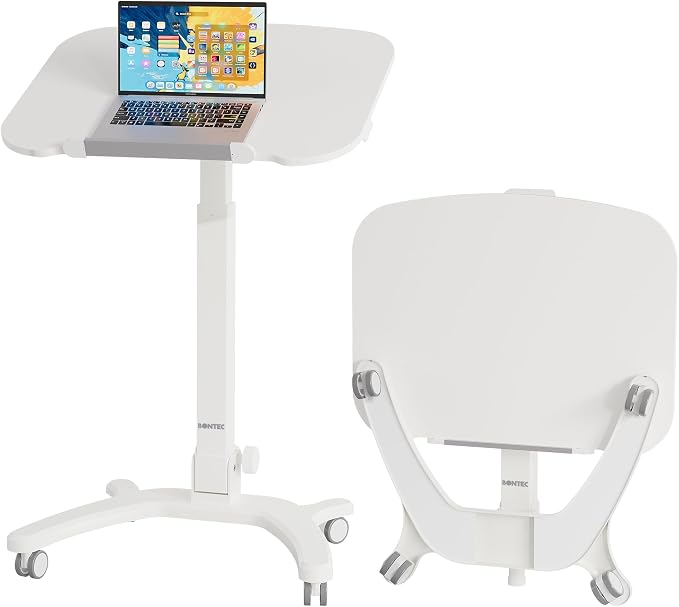BONTEC Mobile Foldable Standing Desk, Gas Spring, 25.6 x 19.7 Inch, White | Portable Adjustable Height Laptop Table with Wheels, Small Rolling Design for Home, Office, Bedroom and Medical Use by BONTEC