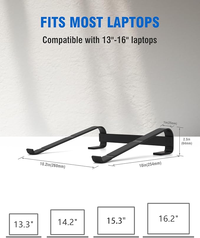 Laptop Stand for Desk, Ventilated Aluminum Laptop Riser, Black | Stable Typing Support, Fixed 17° Angle, 2.5 in Lift, Silicone Pads, Open Airflow, Fits Most 11–16 in Laptops, Tool Included - Image 4
