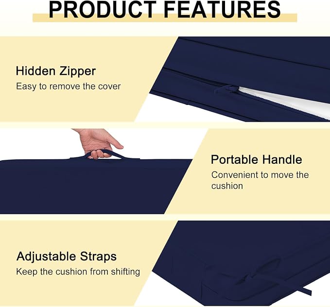 downluxe Waterproof Outdoor Chair Cushions for Patio Furniture, 22" x 22" x 3" Patio Chair Cushion with Adjustable Ties & Portable Handle, Square Outdoor Cushion with Removable Cover, Navy, 2 Pack - Image 5