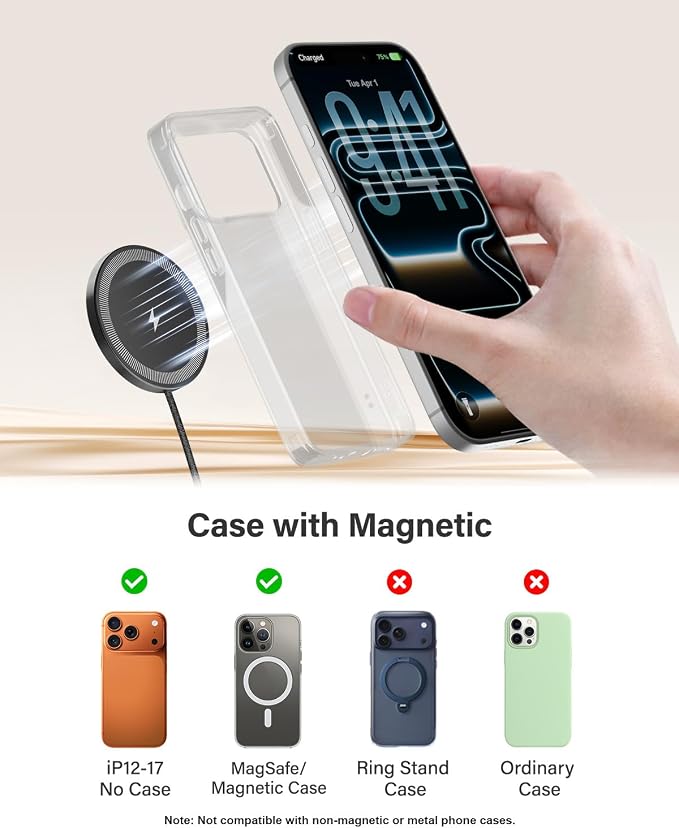 6FT Magnetic Wireless Charger Charging Pad - 15W Fast Mag-Safe Phone Charger for Apple iPhone 17 16 15 14 13 12 Series & AirPods 4 3 2 Pro, Phone Charging Pad with Plug for Desk & Travel, 2Pack Black - Image 5