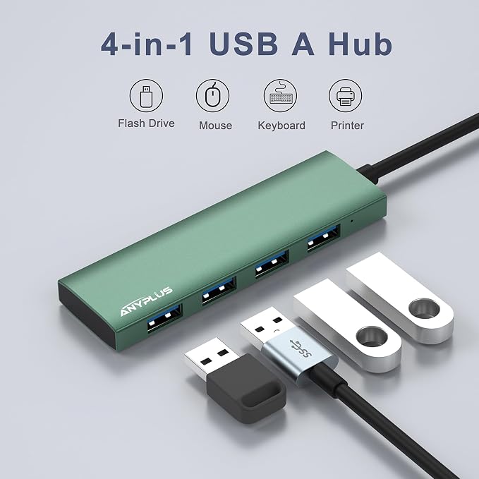 USB Hub, USB 3.0 Hub Aluminum Alloy Ultra Slim USB Splitter, Portable 4 Port USB Extender, USB Hub for Laptop, PC, MacBook, iMac, Surface Pro, Mac Pro, Flash Drive, XPS 【Green】 - Image 3