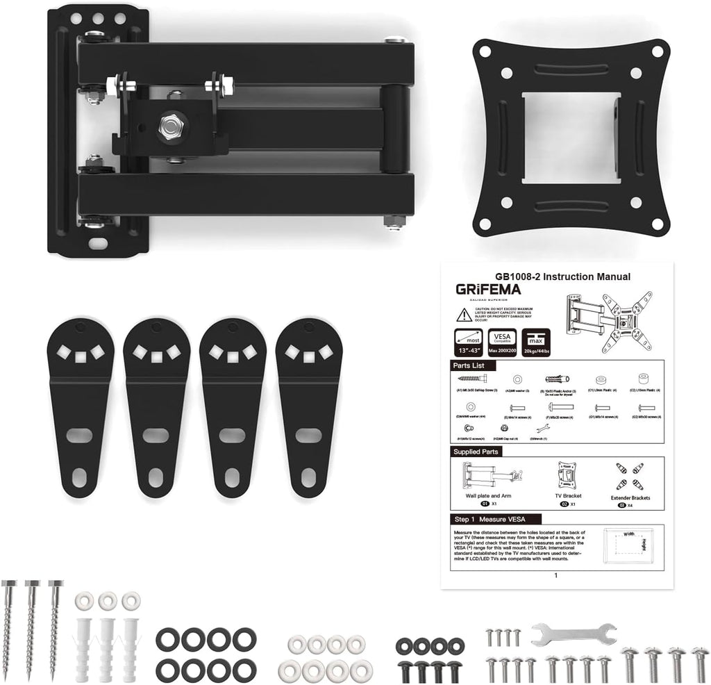 GRIFEMA Full Motion TV Wall Mount for 13-43 in TVs or Monitor, Swivel Tilt - Image 7