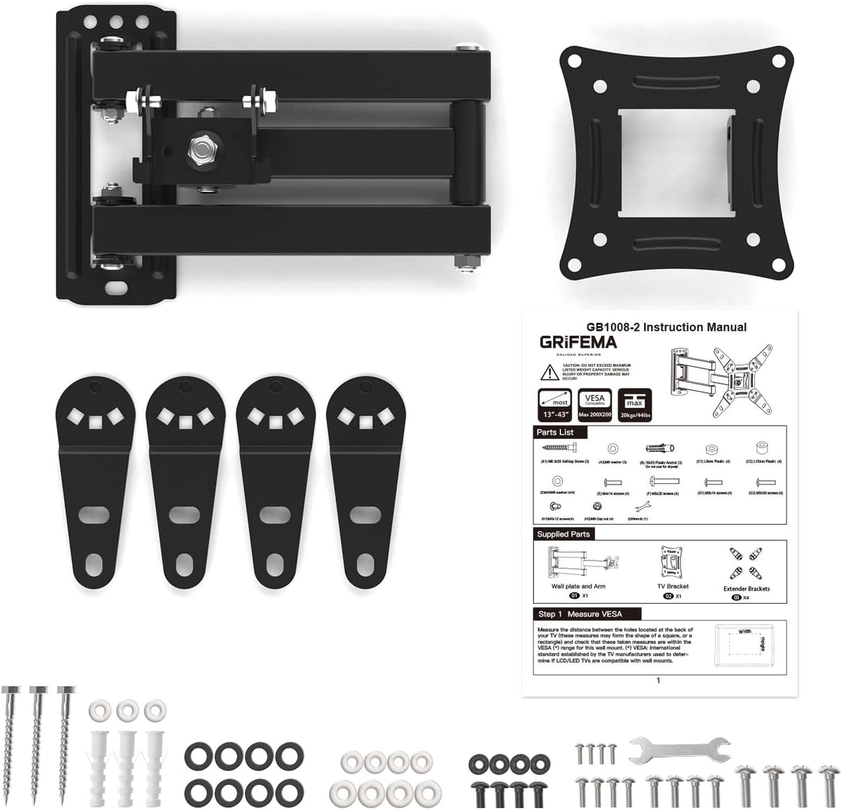 GRIFEMA Full Motion TV Wall Mount for 13-43 in TVs or Monitor, Swivel Tilt - Image 7