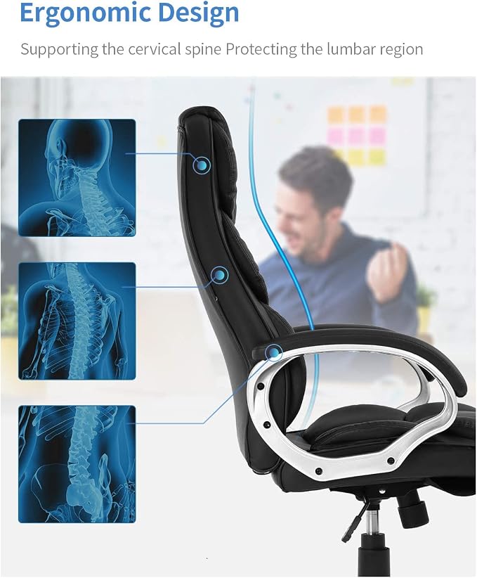 FDW | High Back Office Chair | Black, PU Leather | with Lumbar Support | Ergonomic Desk Chair with Height Adjustment, Padded Backrest & Soft Seat Cushion | For Home, Office, Workspaces - Image 7