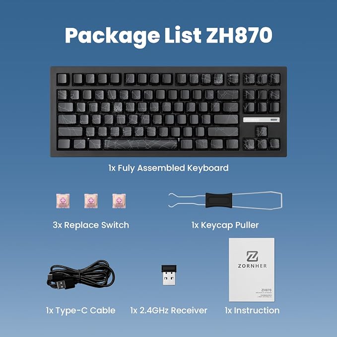 ZORNHER ZH870 Wireless Gaming Mechanical Keyboard,80% Black Custom Creamy Sound Keyboard with Spider Web IMD PC Keycaps,Creamy Sounding Linear Switches,Hot-Swappable,RGB Backlit,2.4GHz/USB-C/BT5.0 - Image 8