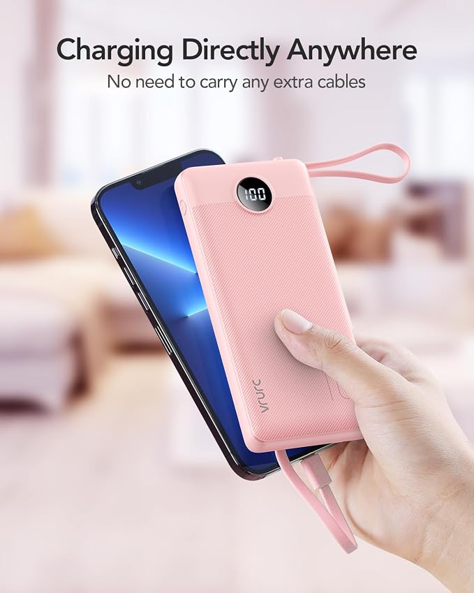 VRURC Portable Charger Power Bank, Built-in 4 Cables & 2 Ports 10000mAh | LED Display Slim Battery Pack,Compact Travel Essential Portable Phone Charger 5 Output for Multi Devices,Student/Teens(1Pack) - Image 8