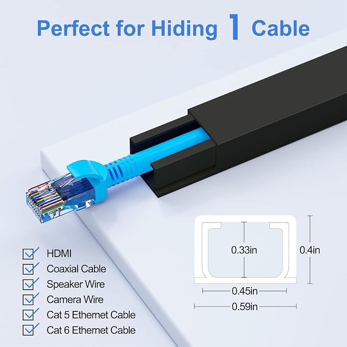 Yecaye Cord Hider, 113in One-Cord Cable Raceways, W0.59in H0.4in, Black | TV Cord Covers for Wires on Wall, Easy Install Cable Management Kit for 2 Small Wires - Image 2