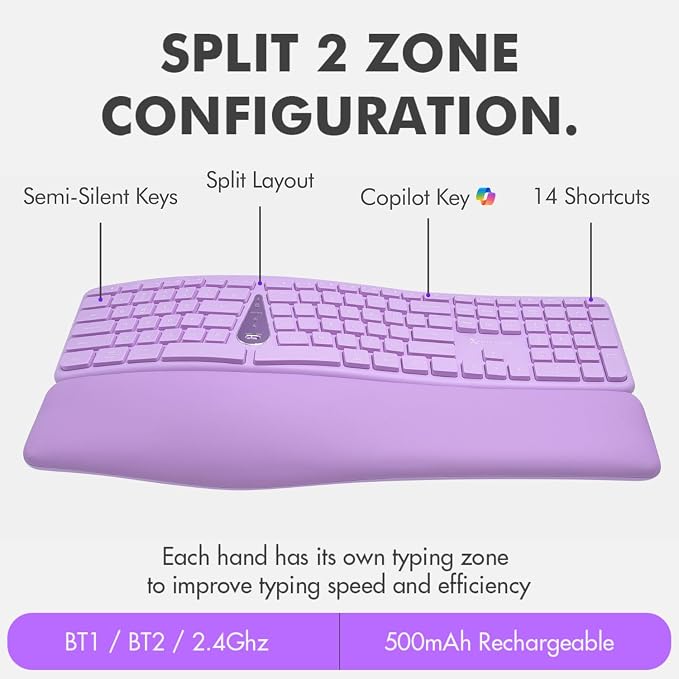 X9 Ergonomic Keyboard and Mouse Wireless Combo - Purple Keyboard and Mouse Wireless, Bluetooth/2.4G Split, Wrist Rest, Rechargeable, Silent Ergo Keys - PC, Mac, iOS, Android - Image 7