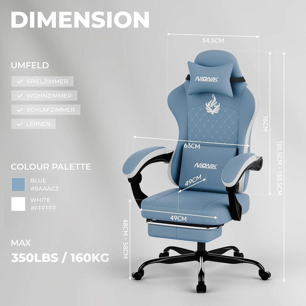 Gaming Chair with Massage,Ergonomic PC Gaming Chair Computer Chairs with Footrest Comfortable Headrest and Lumbar Support, High Back BLUENWHITE - Image 4