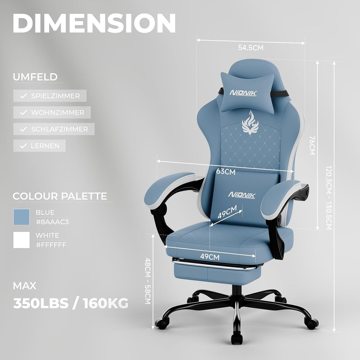 Gaming Chair with Massage,Ergonomic PC Gaming Chair Computer Chairs with Footrest Comfortable Headrest and Lumbar Support, High Back BLUENWHITE - Image 4